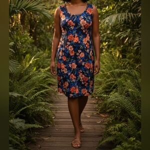 Lands End floral stretchy bodycon dress 14 T